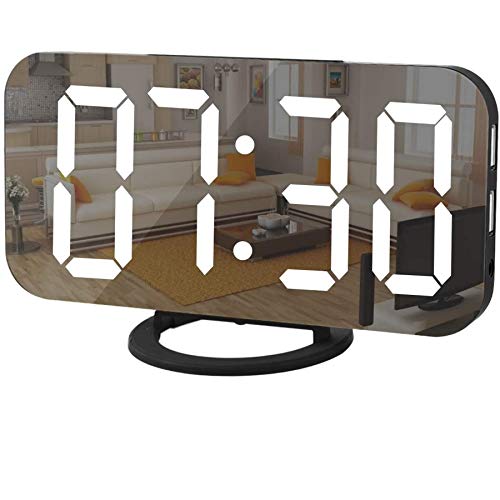 SZELAM Digital Clock Large Display, LED Alarm Electric Clocks Mirror Surface for Makeup with Diming Mode, 3 Levels Brightness, Dual USB Ports Modern Decoration for Home Bedroom Decor-Black