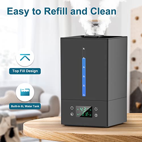 6L Humidifiers for Bedroom Large Room, Cool Mist Humidifiers for Baby Nursery Plants with Essential Oils Diffuser, 360° Rotatable Double Spray Outlet Nozzle, Auto-Shut Off, Sleep Mode,Quiet