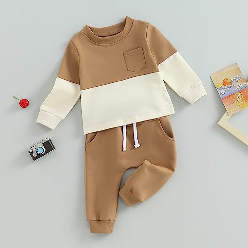 Toddler Baby Boy Outfits Long Sleeve Contrast Color Sweatshirt Solid Pants Autumn Winter Clothes Set (Brown & Beige,18-24 Months)