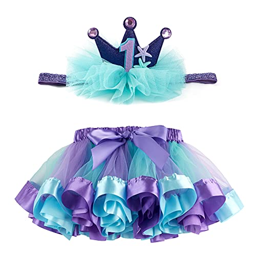 First 1st Birthday Girl Outfit Baby Mermaid Party Tutu Skirt with One Crown Headband