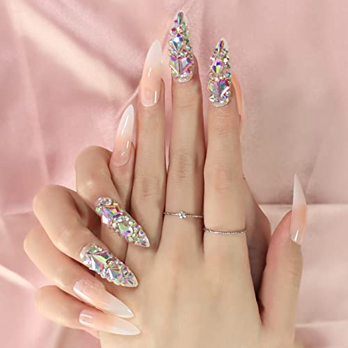 Ombre Pink Fake Press On Nails 3d Extra Long Stiletto Artificial Jewelry Full Cover False Nail With Rhinestones Luxury Bridal Wedding Professional Nail Art Salon