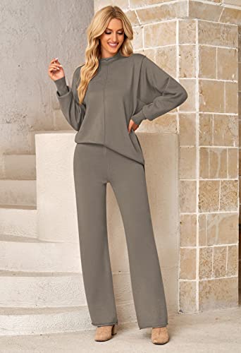 Women Knit Top and Pants Set Oversized Turtleneck Sweater Pullover Wide Leg Pants Leisure Loungewear Khaki M