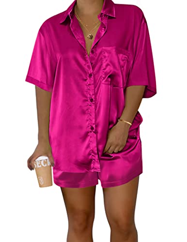 Ekouaer Lounge Sets for Women Two Piece Silky Satin Pajamas Short Sleeve Sleepwear Set Casual Short Loungewear Soft Pjs Set Rose,S