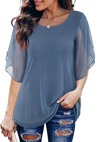 SeSe Code Chiffon Blouses for Women Business Casual,Womens Blouses and Tops Dressy Half Sleeve Shirts Crew Neck Elegant Tops Summer Trendy 2022 Blue Grey XL