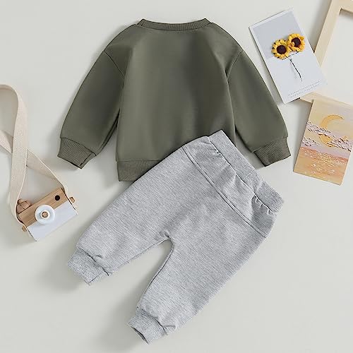 Baby Toddler Boys Fall Winter Outfits Little Dude Letter Printed Long Sleeve Sweatshirts Pants 2Pcs Clothes Set (Army Green, 0-6 Months)