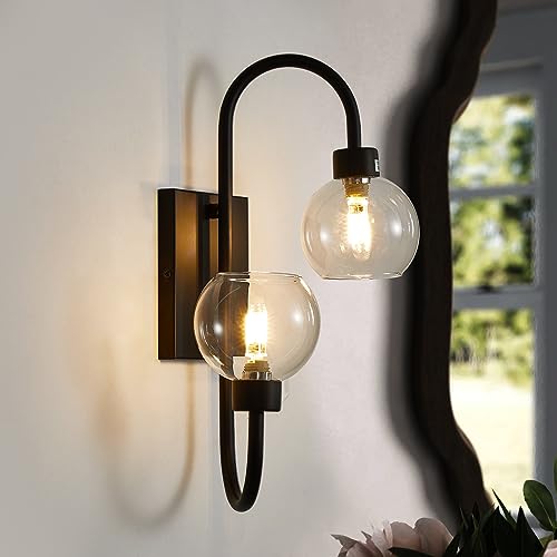 Bathroom Light Fixtures, Wall Sconces Lighting 2 Light Matte Black Finish Vanity Light Modern Wall Lighting Fixture with Clear Glass Shades Bath Wall Lamps for Mirror Bedroom Hallway Living Room