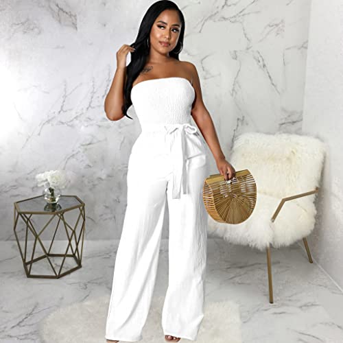 LightlyKiss Women's Casual Sleeveless Tight Jumpsuit Elegant And Fashionable Pleated Long Pants Rompers White