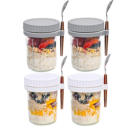 Mason Jars for Overnight Oats: 4 Pack Overnight Oats Containers with Lids and Spoons - 16 oz Glass Food Storage Containers for Milk, Cereal, Fruit - Oatmeal Jars/Canning Jars/Food Jars & Canisters