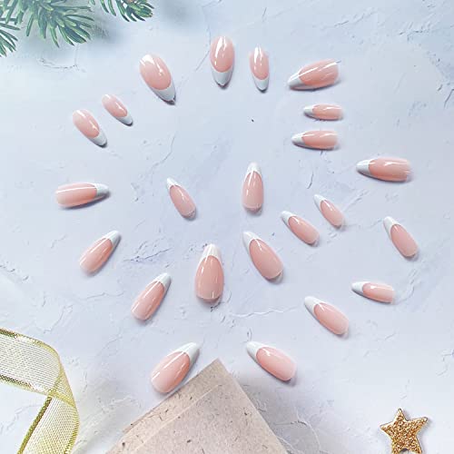 French Tip Medium Press on Nails Almond Shaped Fake Nails Nude of White Nail Tip Acrylic Nails Glossy Artificial Nails Summer Stick on Nails Full Cover Glue on Nails for Women 24Pcs