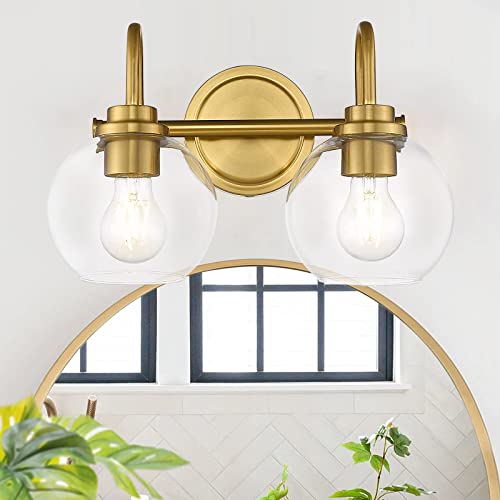 OUVR Gold Bathroom Light Fixtures 2 Light Vanity Lights Over Mirror with Clear Glass Lamps Shades Bathroom Lighting for Mirror Kitchen Bedroom Hallway Living Room (Without Bulbs)