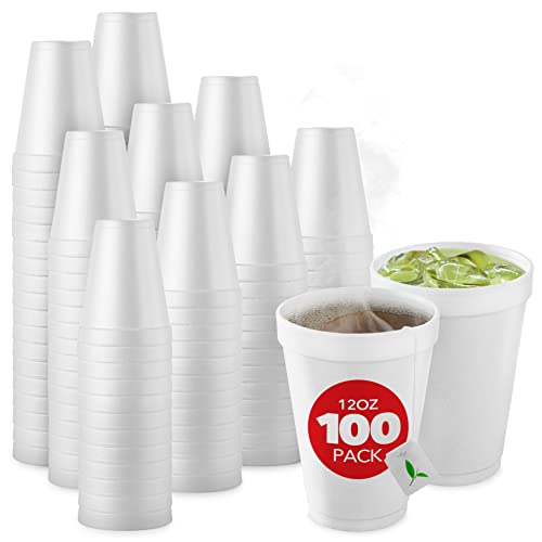 Stock Your Home 12oz Disposable Foam Cups in White (100 Count) Medium Size Insulated Foam Cup, For Hot and Cold Beverages, Great for Drinking Coffee, Tea, or Cocoa, Bulk Family Pack