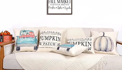 4TH Emotion Fall Decor Pillow Covers 18x18 Set of 4 White Pumpkin Farmhouse Decorations Throw Cushion Case for Fall Thanksgiving Home Decorative Pillows