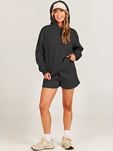 ANRABESS Women 2 Piece Outfits Hoodies Short Set Oversized Fleece Sweatshirt Shorts Sweatsuit Y2K 2023 Fall Clothes Lounge Matching Sweat Set 1046heise-S