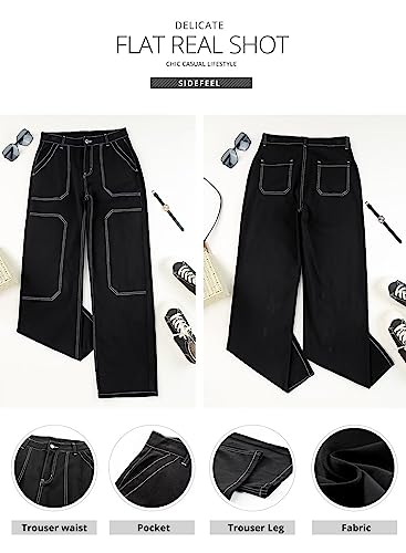 Sidefeel Women Casual Loose Mid Rise Cargo Jeans Wide Leg Denim Pants US10 Black