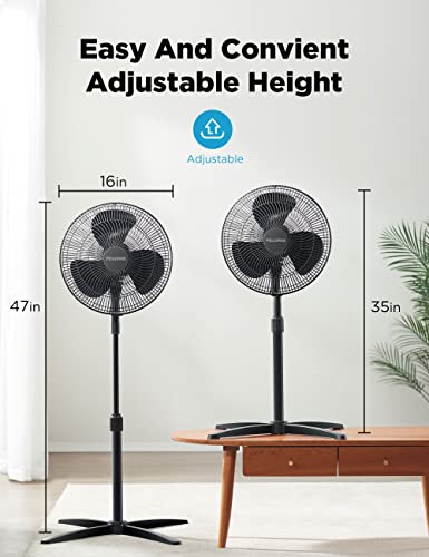 PELONIS Fan Portable 16 Inch Pedestal Fan| 3-Speed| 90° Oscillation| Adjustable Height| Standing Floor Fan for living room, bedroom, kitchen, and home office| Black, PFS40M2ABB