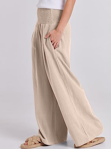 Prinbara High Waisted Wide Leg Pants for Women Summer Beach Boho Cotton Linen Palazzo Pants Casual Flowy Trousers with Pockets Almond 1PA091-mixing-XL