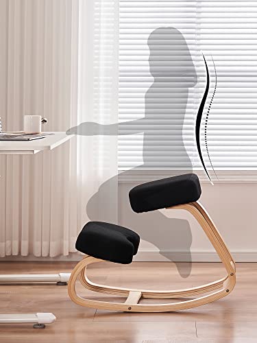 THEETAYY Ergonomic Kneeling Chair,Wooden Rocking Chair for Home Office,Office Chair for Relieving Neck and Back Pain,Black