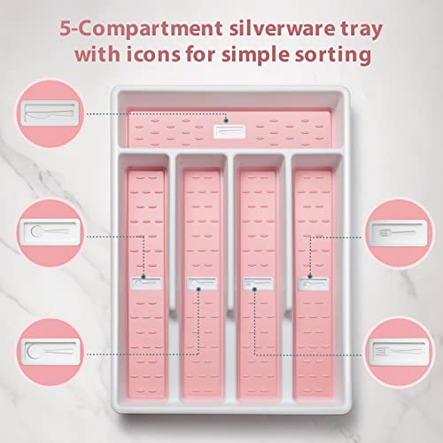 Joequality Silverware Organizer with Icons，Plastic Cutlery silverware Tray for Drawer，Utensil Flatware Tableware Organizer for Kitchen with Non-slip TPR,Fits Standard Drawer,5-Compartment,Pink