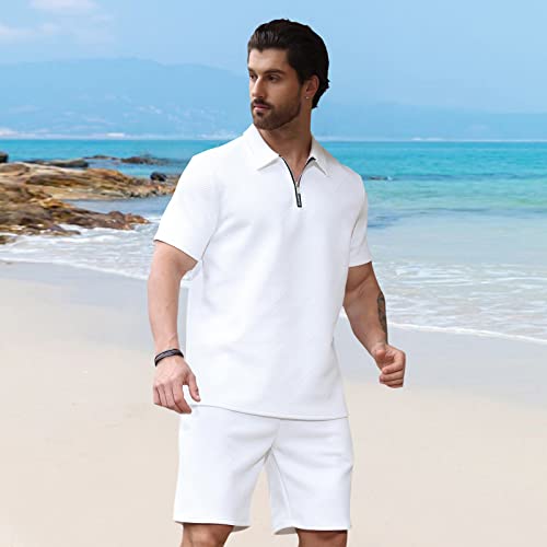 Aulemen Mens 2 Piece Zip Tracksuit Short Sleeve Print Polo Shirt and Shorts Sets Summer Outfits for Men White XL