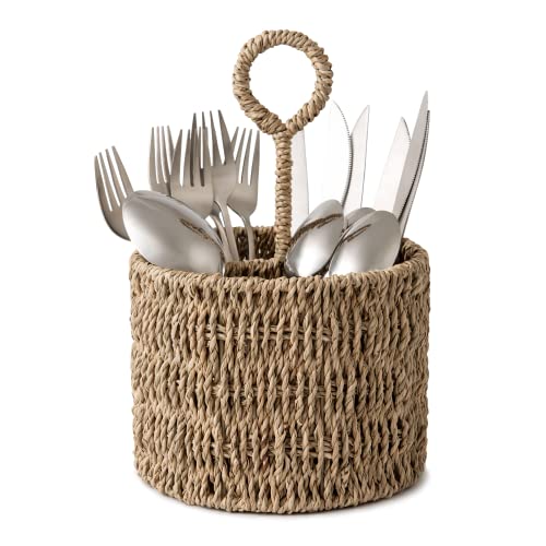 StorageWorks Wicker Flatware Organizer, Hand Woven Seagrass Cutlery Holder for Countertop with Handle, 1 Pack