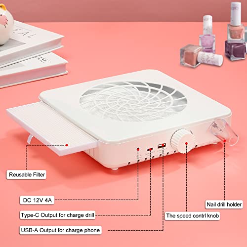 Nail Dust Collector with Reusable Filter, Nail Extractor Vacuum Acrylic Nail Dust Cleaner with Powerful Nail Vacuum Fan,Perfect for Home and Salon, Low Noise (White)