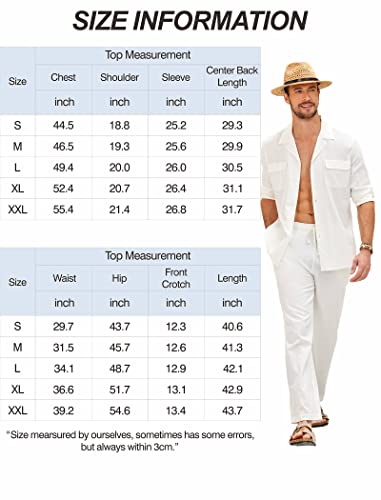 COOFANDY Men's White Linen Suit 2 Piece Outfits Long Sleeve Button Down Shirt and Casual Beach Pants With Pockets