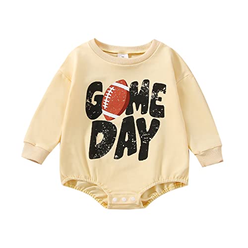 Twopumpkin Baby Outfit Girl Boy Football Bubble Sweatshirt Romper Crewneck Sweater Infant Toddler Fall Clothes 6-12 Months G Game Day Beige