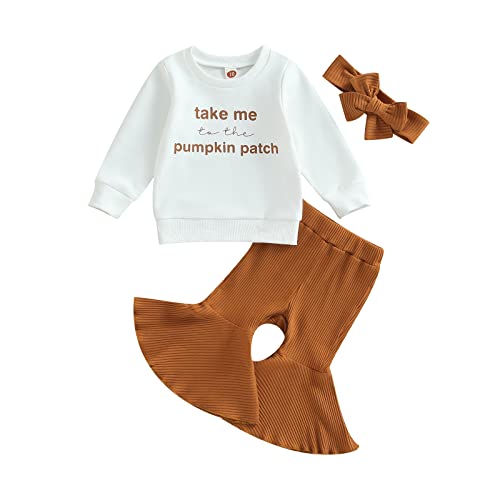 Baby Girl Halloween Outfit Pumpkin Print Long Sleeve Sweatshirt Tops Bell Bottom Pants Toddler Flare Clothes Set (A Brown White Pumpkin Patch, 18-24 Months)