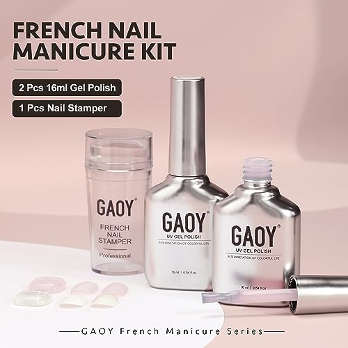 GAOY French Manicure Kit, Nail Stamper and 2Pcs Gel Nail Polish, Include Nude Jelly Milky Pink White Colors for French Tip, UV Light Cure