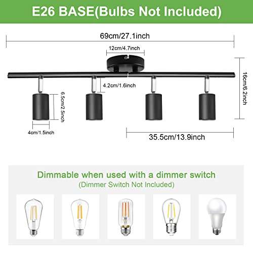 Kimjo 4-Light Track Lighting Fixtures Ceiling, Flush Mount Black Track Light Kit with Rotatable E26 Light Heads, Directional Kitchen Ceiling Spotlight for Office, Dining Room, Closet, Studio