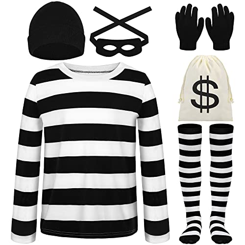 SOMSOC Kids Robber Costume Set Black and White Striped Cosplay Burglar Accessories for Halloween Cosplay Party