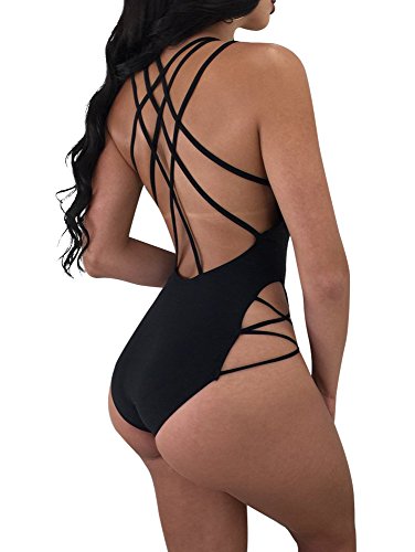 LAGSHIAN Womens Sexy One Piece Lace Up Straps Swimsuit Bathing Suit Swimwear Black