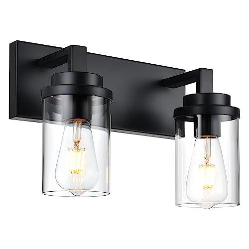 TULUCE 2-Light Vanity Lights, Black Wall Sconces Lighting with Clear Glass Shade Wall Lights for Mirror, Kitchen, Living Room, Gallery, Hallway, E26 Base Bathroom Vanity Lighting