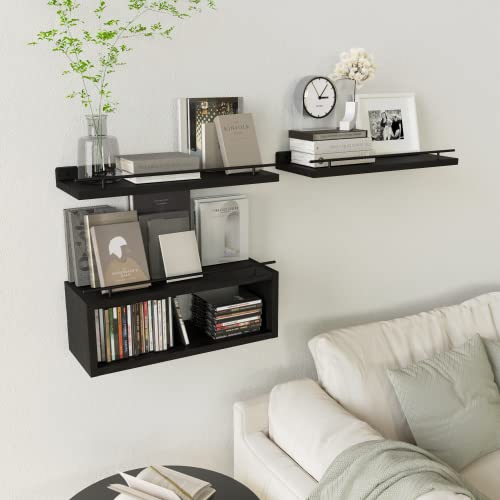 WOPITUES Floating Shelves with Extra Cube Shelf, Shelves for Wall Decor with Gold Metal Rail, Wall Shelves for Bedroom, Bathroom, Kitchen, Living Room, Plants, Pictures, Toilet Paper- Modern Black