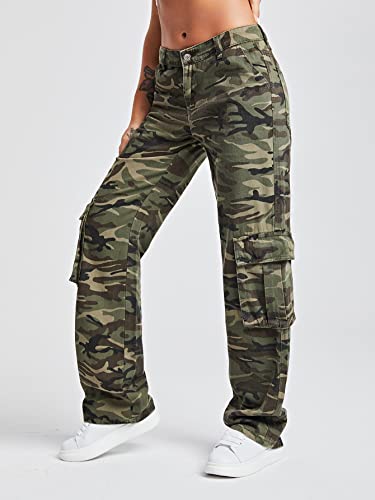 WDIRARA Women's Camo Print Cargo Baggy Jeans High Waist Wide Leg Denim Army Pants Army Green Camouflage S