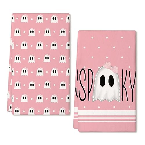 ARKENY Halloween Kitchen Dish Towels Set of 2,Pink Ghost Bowknot 18x26 Inch Drying Dishcloth,Farmhouse Home Decoration AD112