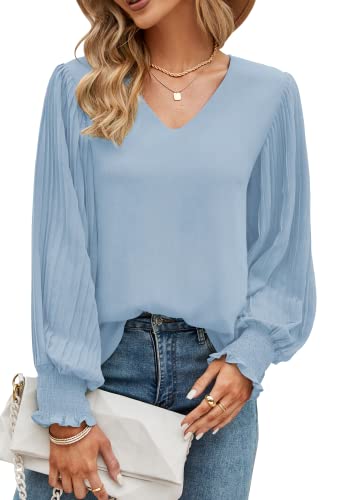 Work Blouses for Women Office V Neck Chiffon Pleated Balloon Long Sleeve Shirts Elegant Dressy Business Casual Tops Professional Wear Outfits Fall Fashion 2023 Grey Blue