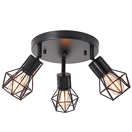 BANGANMA 3-Light Flush Mount Ceiling Light Fixture, Industrial Kitchen Light Fixtures Ceiling, E26 Black Farmhouse Ceiling Light Fixture Black for Dining Room Hallway Entryway