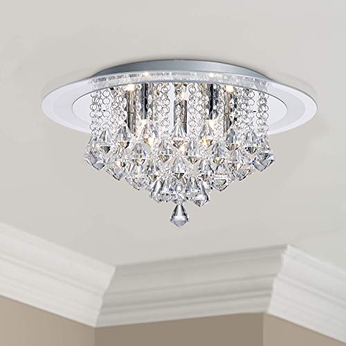 Bestier Modern Chrome Crystal Raindrop Flush Mount Chandelier Lighting LED Ceiling Light Fixture Lamp for Dining Room Bathroom Bedroom Livingroom G9 LED Bulbs Required Diameter 17.7 inch Height 7.5 in