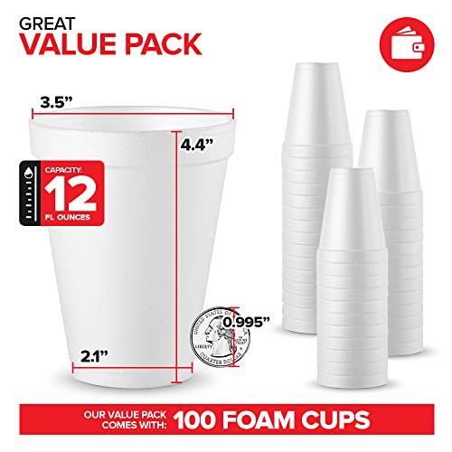 Stock Your Home 12oz Disposable Foam Cups in White (100 Count) Medium Size Insulated Foam Cup, For Hot and Cold Beverages, Great for Drinking Coffee, Tea, or Cocoa, Bulk Family Pack