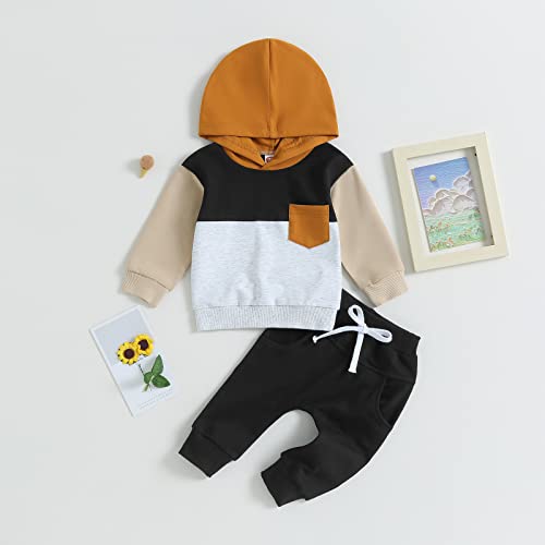 Baby Boys Clothes 3 6 9 12 18 24M 3T Pants Set Hooded Patchwork Hoodie Sweatpants Fall Winter Outfits (A-Black, 6-12 Months)