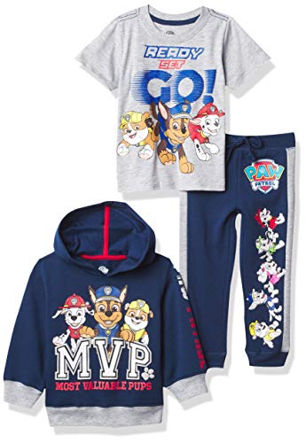 Nickelodeon Paw Patrol Graphic Hoodie, T-Shirt, & Jogger Sweatpant, 3-Piece Athleisure Outfit Bundle Set-Toddler Boys-Nick Jr, Navy/Heather Grey, 4T