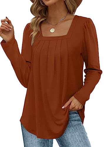 Saloogoe Tunic Tops for Women Loose Fit Dressy Casual Fall Outfits Long Sleeve Shirts Caramel M