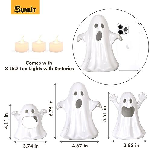 Sunlit Ceramic Ghost with 3 Tea Lights, Spooky Candle Holder Set of 3, Tabletop Indoor Halloween Decorations for Holiday Party Home, White