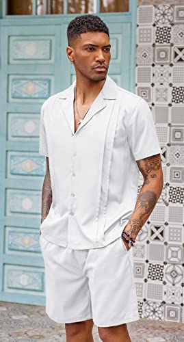 COOFANDY Mens Coordinated Outfit Button Down Shirt Sets Leisure Short Sleeve Shirt and Shorts Suits, White, Medium