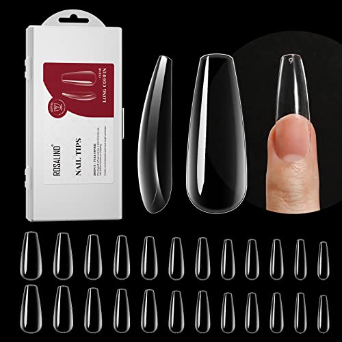 264PCS Long Coffin Clear Fake Nail Tips,ROSALND Full Cover Press on Nails Acrylic False Nail Tips with Box,12 Size Fake Nails for Extension Shaped Soft Gel Nail Tips Nails Art Salon for Women