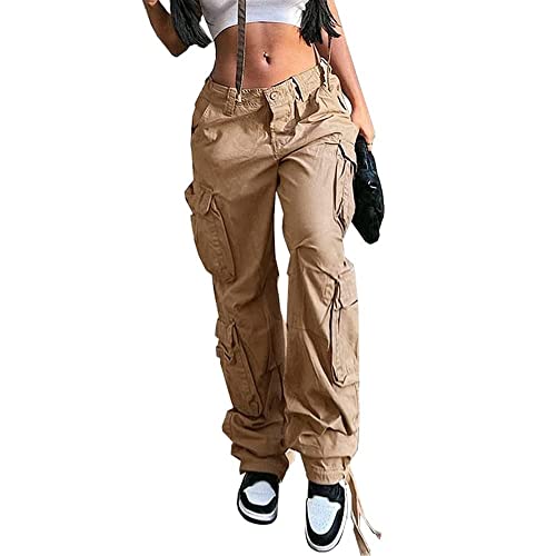 GuYongZ Women's Cargo Pants Jeans Baggy Y2K Wide Leg Straight Parachute Pants Streetwear Casual Pants for Women with Pockets A-Khaki