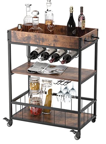 soges Mobile Bar Cart, Kitchen Serving Cart, Outdoors Party Serving Bar Trolley, Rolling Wine Cart with Bottle Glasses Holders, Kitchen Cart with Removable Storage Tray