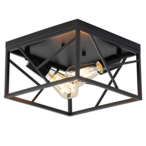 Modern Black Flush Mount Light Fixture Two-Light Industrial Metal Square Semi Flush Mount Ceiling Light for Hallway Bedroom Kitchen Entryway Farmhouse Dining Room