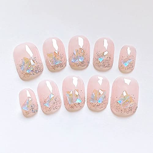 Hkanlre Shiny Press on Nails Medium Rhinetones Square Fake Nails Tips Acrylic Full Cover Nude False Nails for Women and Girls 24PCS